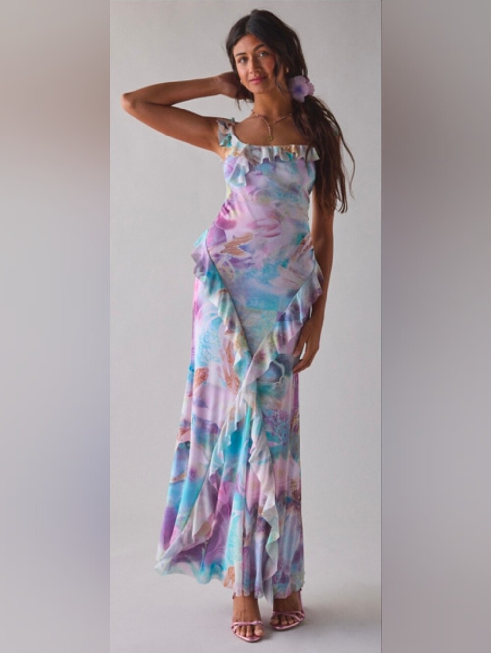 UO Pastel Watercolor Floral Ruffle Maxi Dress
